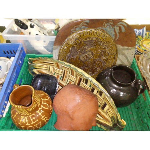 163 - A box of slipware, terracotta and Sgraffito pottery including a tube lined plate 'Ancient Mariners L... 