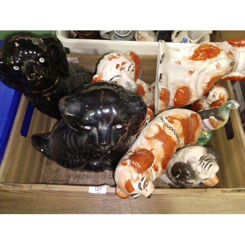 121 - A box of assorted Staffordshire pottery dogs.