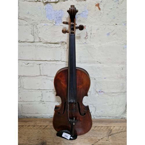 235 - A circa. 1800 violin, one piece back, length 352mm, with hard case and bow.