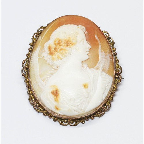 44 - A shell cameo brooch, the mount marked '9ct', length 60mm.