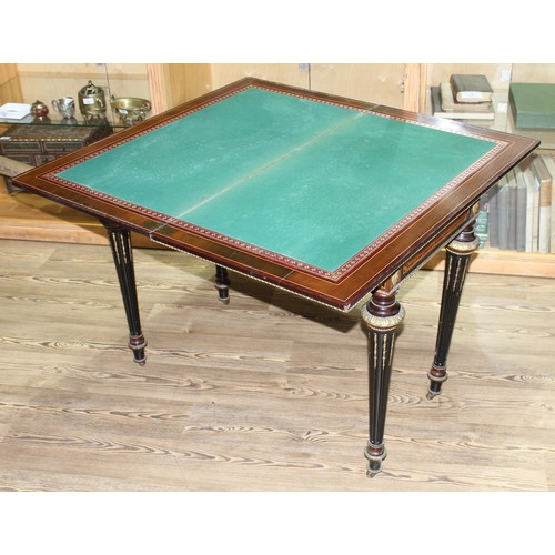 162 - A fine Louis XVI style card table, the amboyna and burr walnut top with parquetry inlay and ebonised... 