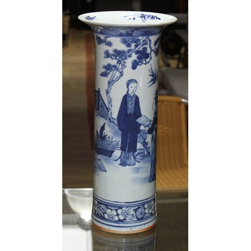 144 - A large Chinese sleeve vase with flared rim, decorated in blue with female figures, 19th century, he... 