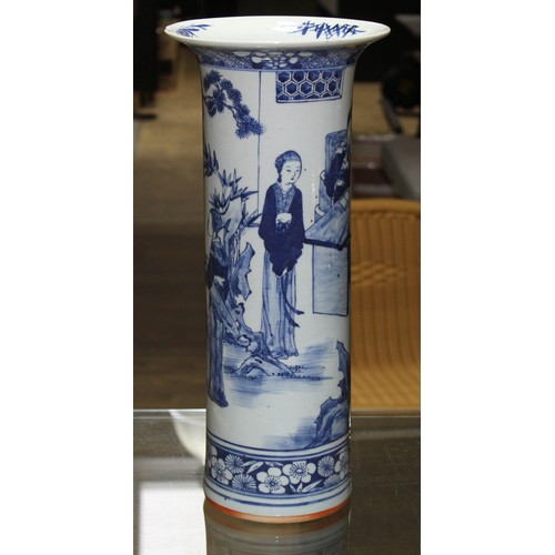 144 - A large Chinese sleeve vase with flared rim, decorated in blue with female figures, 19th century, he... 