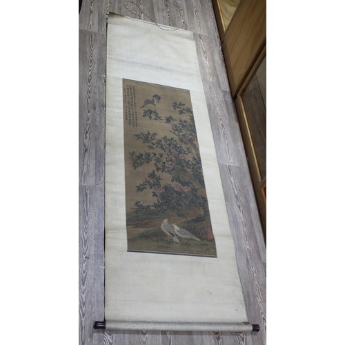 155 - A Chinese scroll painting, image 52cm x 138cm, characters to top left, red seal to bottom right, scr... 