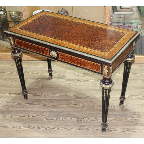 162 - A fine Louis XVI style card table, the amboyna and burr walnut top with parquetry inlay and ebonised... 