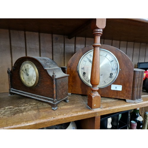 9 - Two mantle clocks, the larger one has key and pendulum