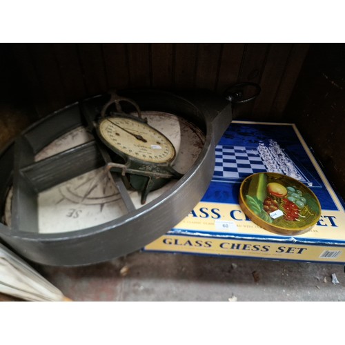 60 - A set of vintage weighing scales (no pan), a boxed glass chess set, and a wall display item with a c... 