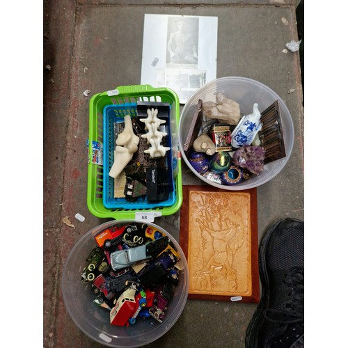 68 - Three small tubs with model cars, ornaments, a signed photograph of the boxer Randolph Turpin