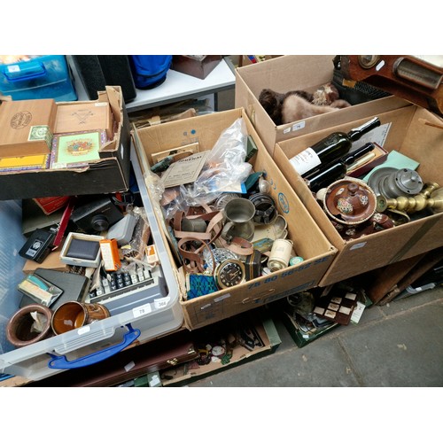 78 - Four boxes of assorted items including a box of empty cigar boxes, metal ware, pottery teapot, brass... 