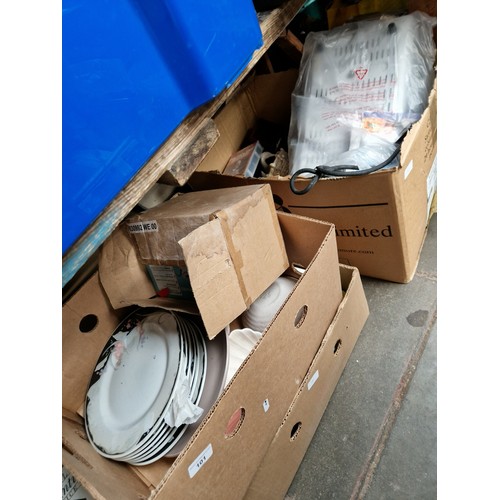 101 - Four boxes of assorted items, unused double electric hotplate, pottery, ultrasonic spectacle cleaner... 