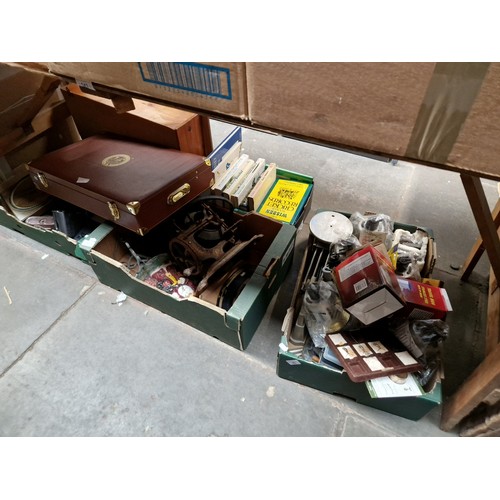 90 - Three boxes of assorted items including metal cast iron doorstop, downlights, old weighing scales, d... 