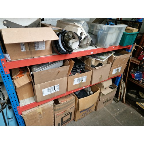 108 - Twelve boxes of misc, Electrical industrial lighting items, Hi-FI separates etc