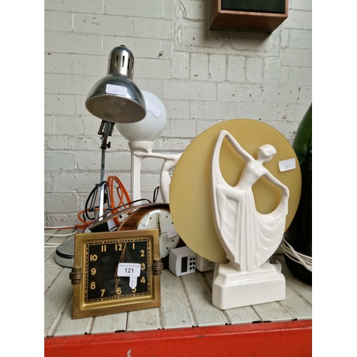 121 - Two art deco table lamps, an Anglepoise lamp and two small clocks