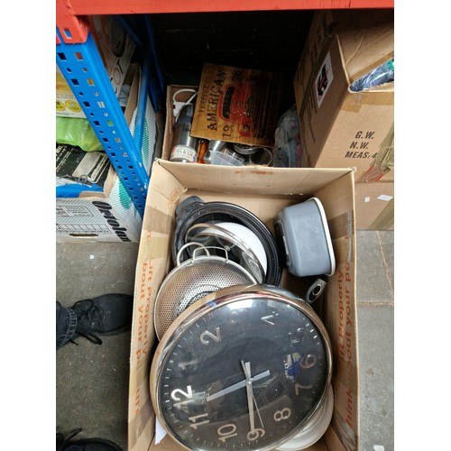 131 - Two boxes of kitchenalia and a wall clock