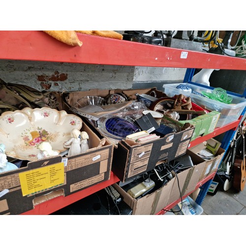 129 - Four boxes of assorted china  and glass including Coalport figures, Art glass, a piece of Cranberry ... 