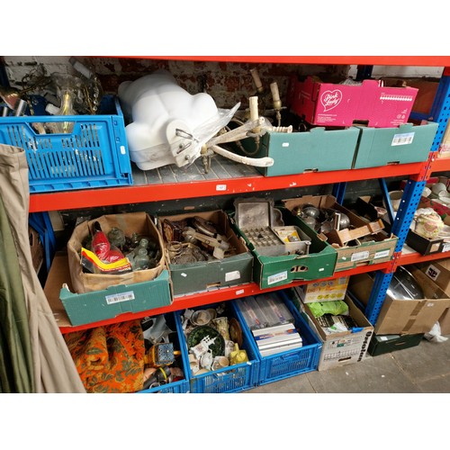 127 - Twelve boxes of assorted items including metalware, pottery, old bottles, light fitting, power inver... 