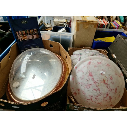 143 - Two boxes of various items including two art deco marbled ceiling light shades  together with some a... 