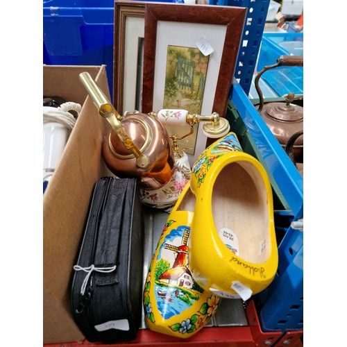 139 - A mixed lot including a pair of wooden Dutch clogs, two prints, copper kettle, telephone and a set o... 