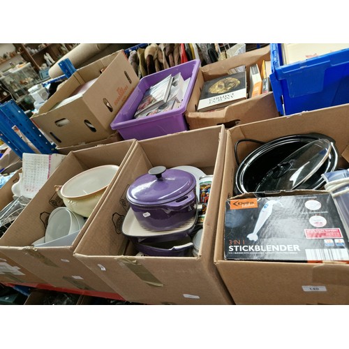 140 - Four boxes of kitchen utensils including crock pot, casserole dishes, stick blender, Phillips steam ... 