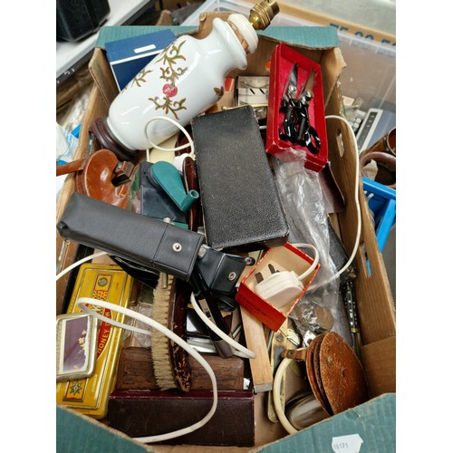 144A - A box of assorted collectables to include draughtsman set, pinking shears, vintage microphone, Carl ... 