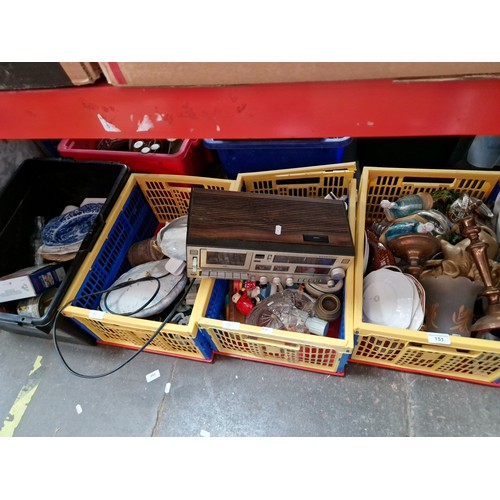 151 - Four boxes of mixed items including a LLoytron Cassette recorder/Electronic Clock Radio, metalware, ... 