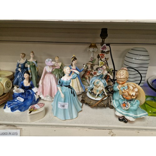 720 - 7 Royal Doulton Lady figurines, 2 larger Goebel figures, 2 pieces of continental pottery, and a smal... 