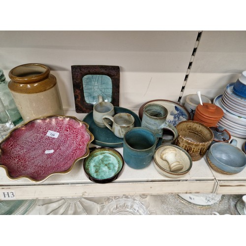 726 - Appx 16 pieces of studio ware and stone wares including mugs, storage jar, mortar and pestle, bowls ... 