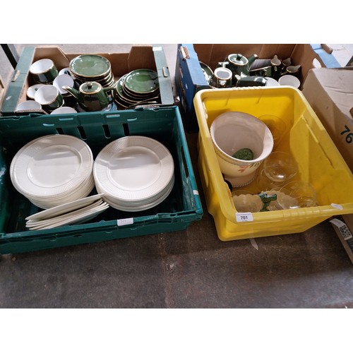 701 - Two boxes of ceramics and glass including Wedgwood Edme cream ware plates, sundae dishes , large pla... 