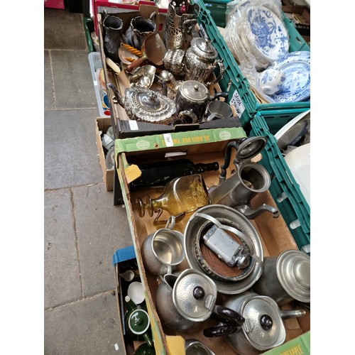 707 - Two boxes of metal wares including pewter coffee pots, teapots, plated ware, brass ashtray, copper w... 