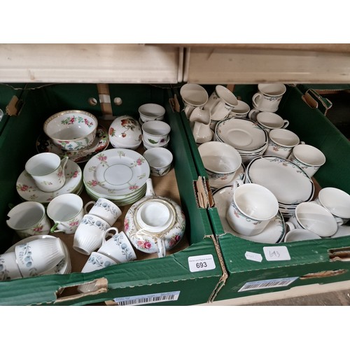 693 - Two boxes of table wares including Wedgwood Boleyn, Royal Doulton Juno, Coalport Strawberry covered ... 