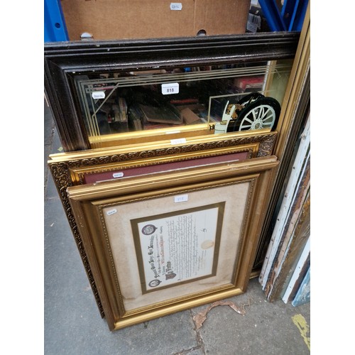 818 - A Mercedes themed mirror, framed & glazed 1832 Indenture and a framed and glazed 1924 Masonic certif... 