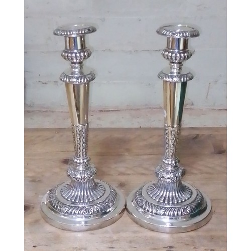 67 - A pair of George III Regency period silver candlesticks with gadrooned, shell and acanthus detail, M... 