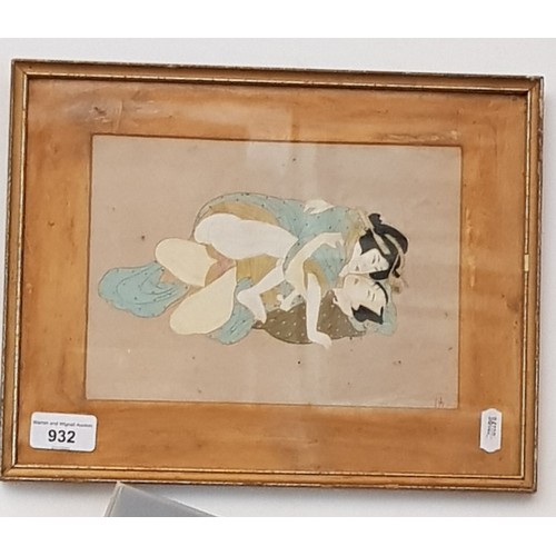 932 - A 20th century Japanese erotic painting, signed with character mark to lower right, framed and glaze... 