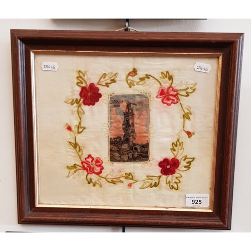 925 - A WWI era silk embroidery, dated 1914, framed and glazed, 35.5cm x 31cm overall.