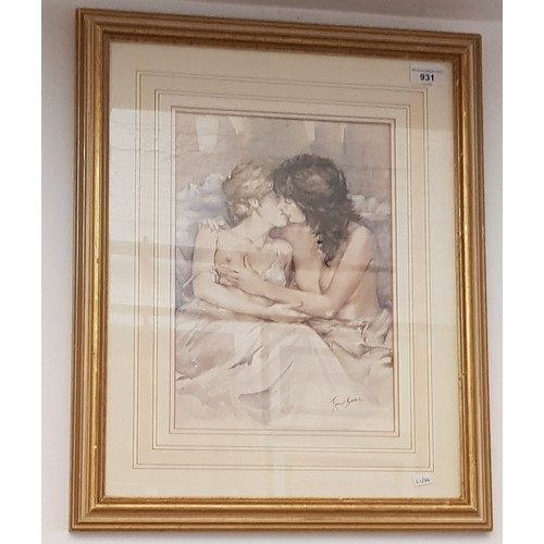 931 - Francis Boxall (20th century), watercolour, women kissing, 22.5cm x 33cm, framed and glazed, 54cm x ... 