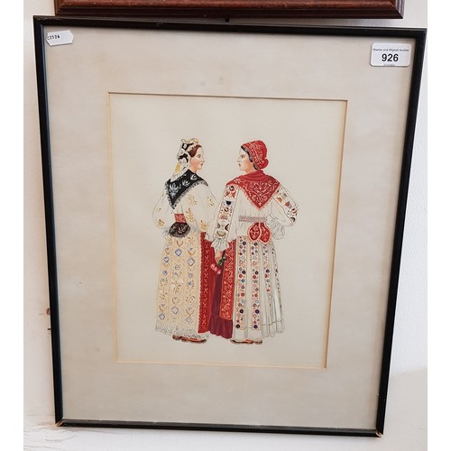 926 - Early 20th century continental school, pencil drawing coloured in gouache, study of two women in tra... 