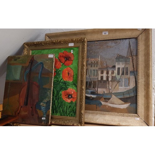 938 - Three original works; a harbour scene, oil on board, a still life of flowers, oil on board and a sti... 