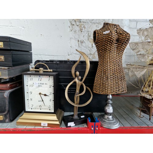 181 - Clock, mini wicker mannequin, Brass figure