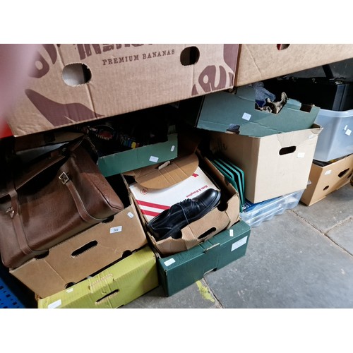 202 - 10 boxes of miscellaneous items including metal door stops, kitchen scales, brass weights, pottery, ... 