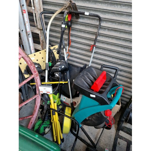 239 - A quantity of garden machinery including Karcher washer, shredder(as found), petrol strimmer, workbe... 