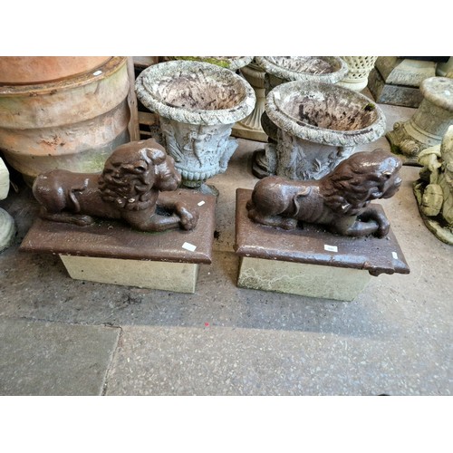 245 - Two ornamental cast metal lions on separate concrete blocks.