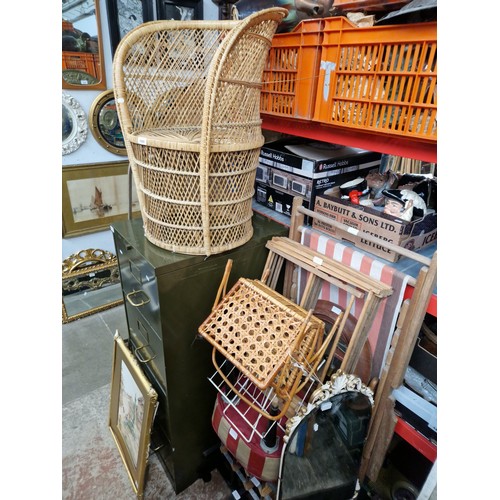 1088 - Various items; cane chair, deck chair, retro pouffe, mirror, speaker stands, wine rack, magazine rac... 