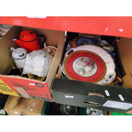 358 - 2 boxes of ceramics including teapots, plates, platters, billy can etc