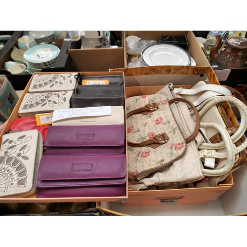 353 - A box of modern handbags and a tray of wallets/purses including leather etc.