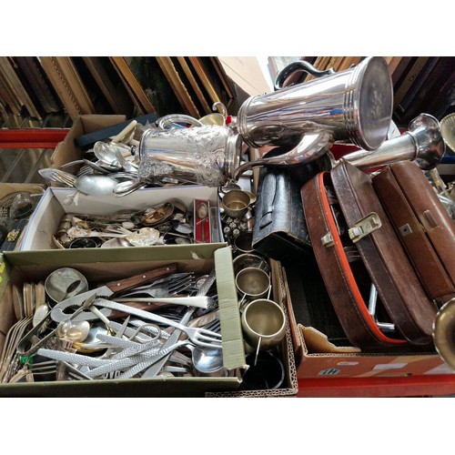 A box of cutlery, metal ware, post office scales with weights, plated cutlery, Elkington plate etc