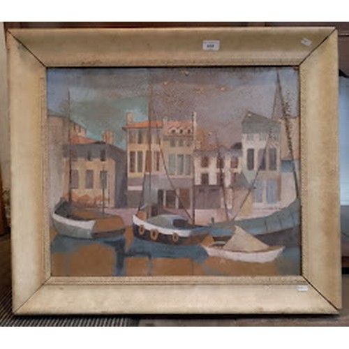 938 - Three original works; a harbour scene, oil on board, a still life of flowers, oil on board and a sti... 