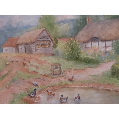 921 - Claude Strachan (1865-1938), watercolour, thatched cottages with ducks to foreground, 37.5cm x 22.5c... 