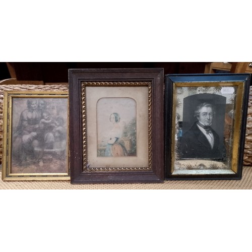 810 - A box of various pictures and prints, 19th and 20th century including oils, pencil portrait, Victori... 