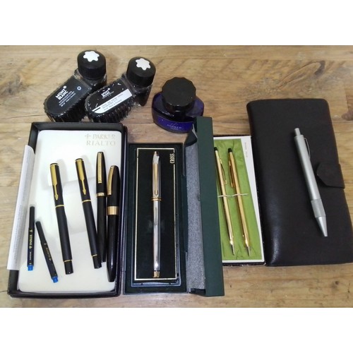 270 - Assorted pens and associated items including Mont Blanc ink, Parker Rialto pens, A Cross fountain pe... 