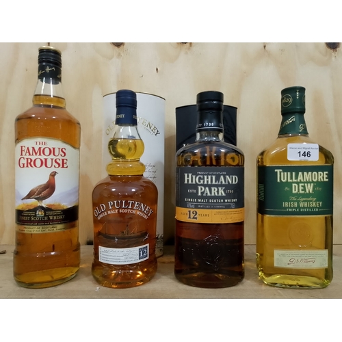 146 - Four bottles of whisky; Highland Park 12 year old single malt Scotch whisky 70cl, Old Pulteney 12 ye... 